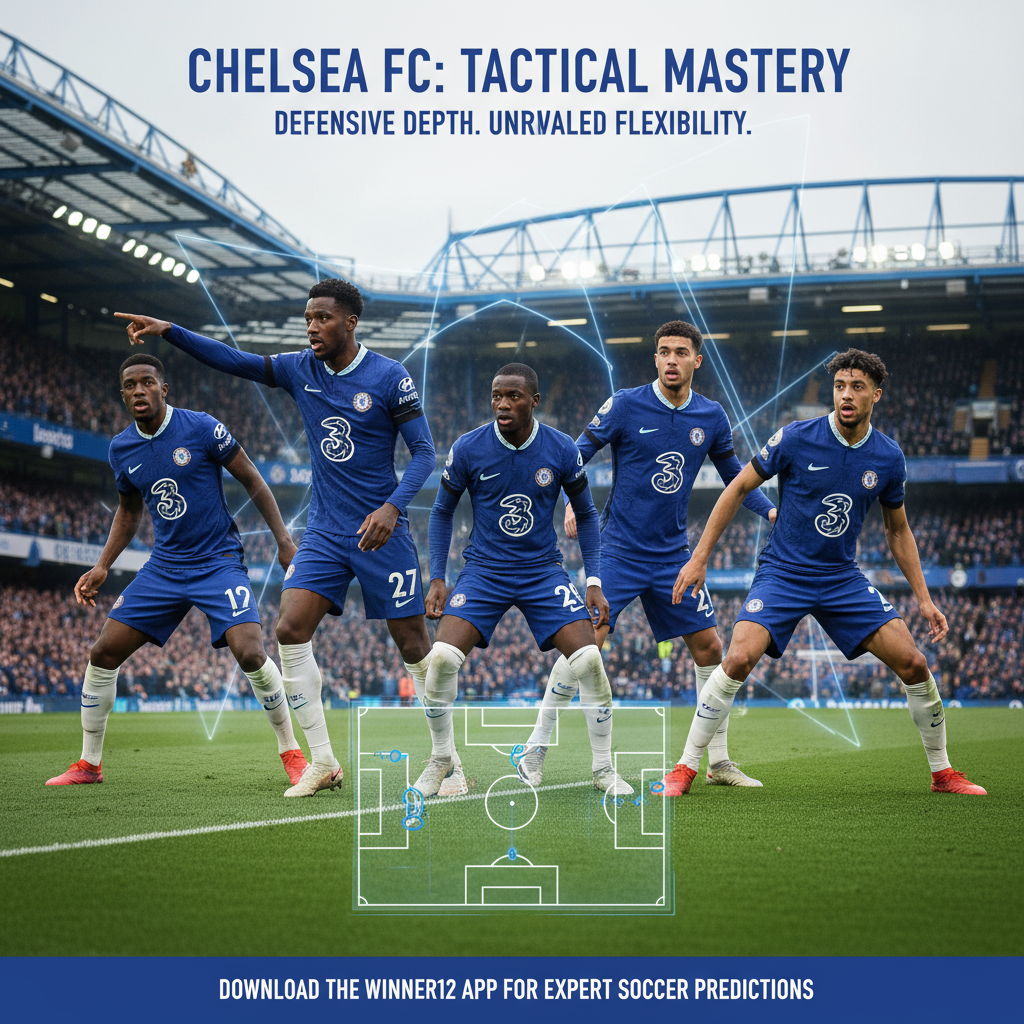 Alt text: Detailed poster of Chelsea FC players in authentic kits demonstrating defensive depth and tactical flexibility on a vibrant green pitch, featuring dynamic poses, subtle tactical board diagrams, and formation lines under natural stadium lighting, highlighting teamwork and strategy with a discreet call-to-action for winner12.ai.