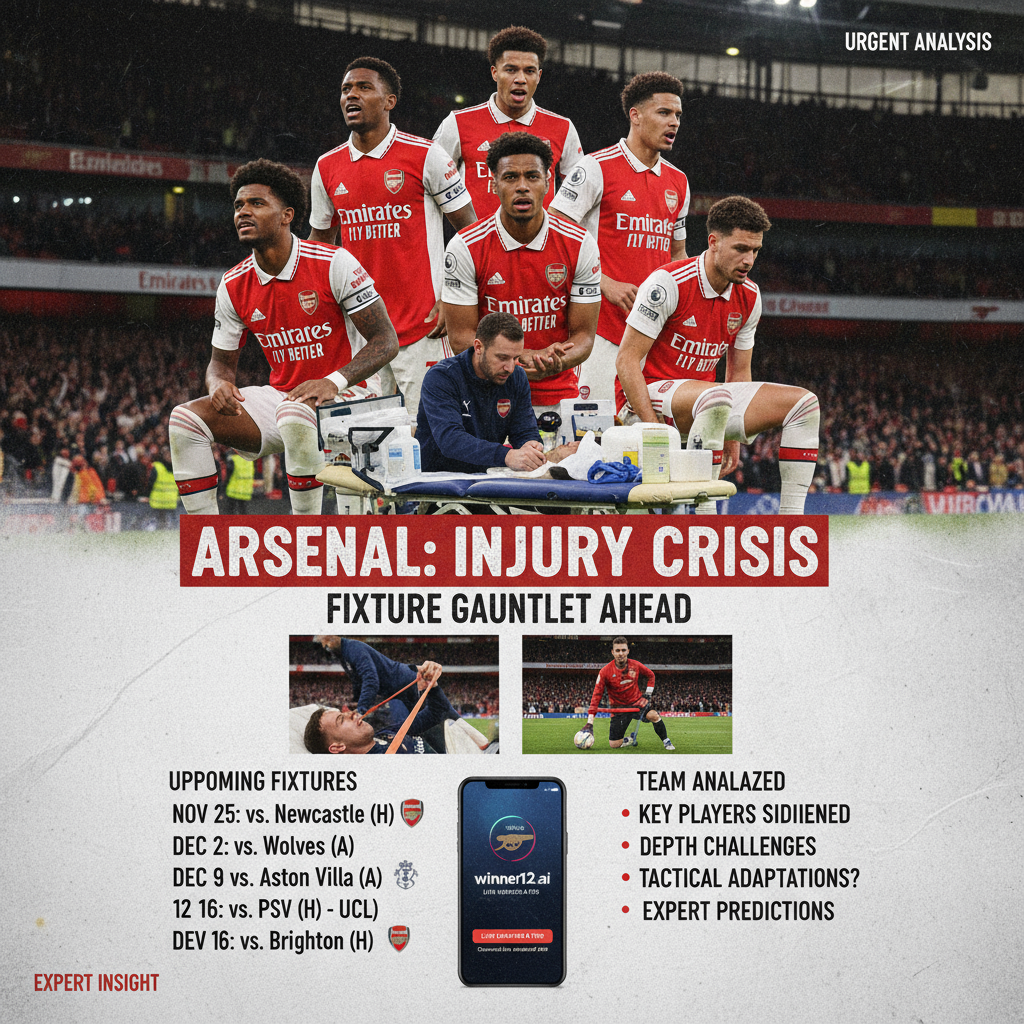 阿森纳伤病潮与赛事分析海报，展示穿着阿森纳球衣的球员、医疗理疗场景及英超球场背景，隐约融入winner12.ai品牌元素，突出紧迫感与专业赛事预测分析