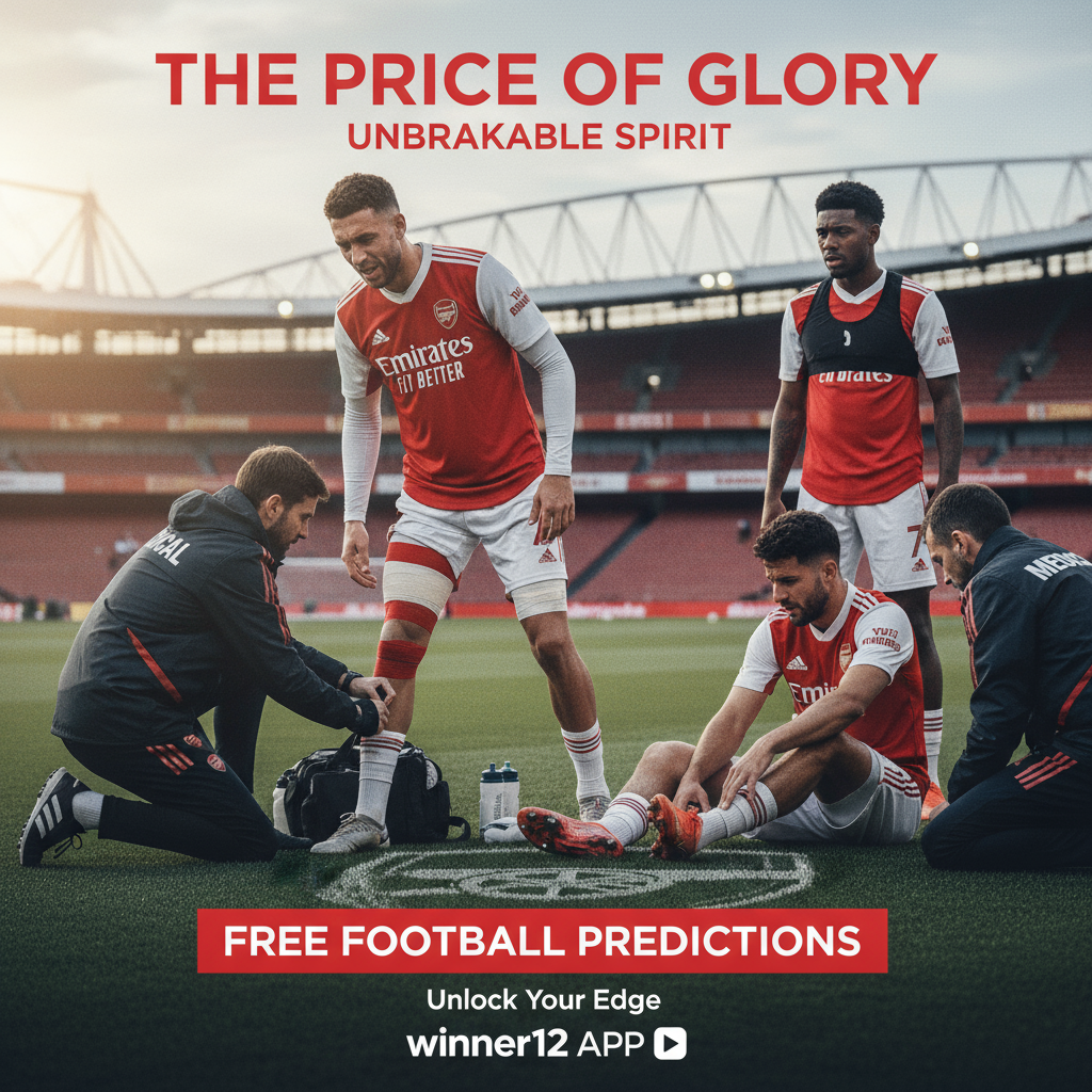 Alt text: Realistic poster of Arsenal soccer players showing intense expressions while receiving medical treatment for injuries during training, with visible bandages and braces, set against the Emirates Stadium background; includes modern text overlay promoting free football predictions from winner12.ai and winner12 APP, featuring authentic Arsenal team colors.
