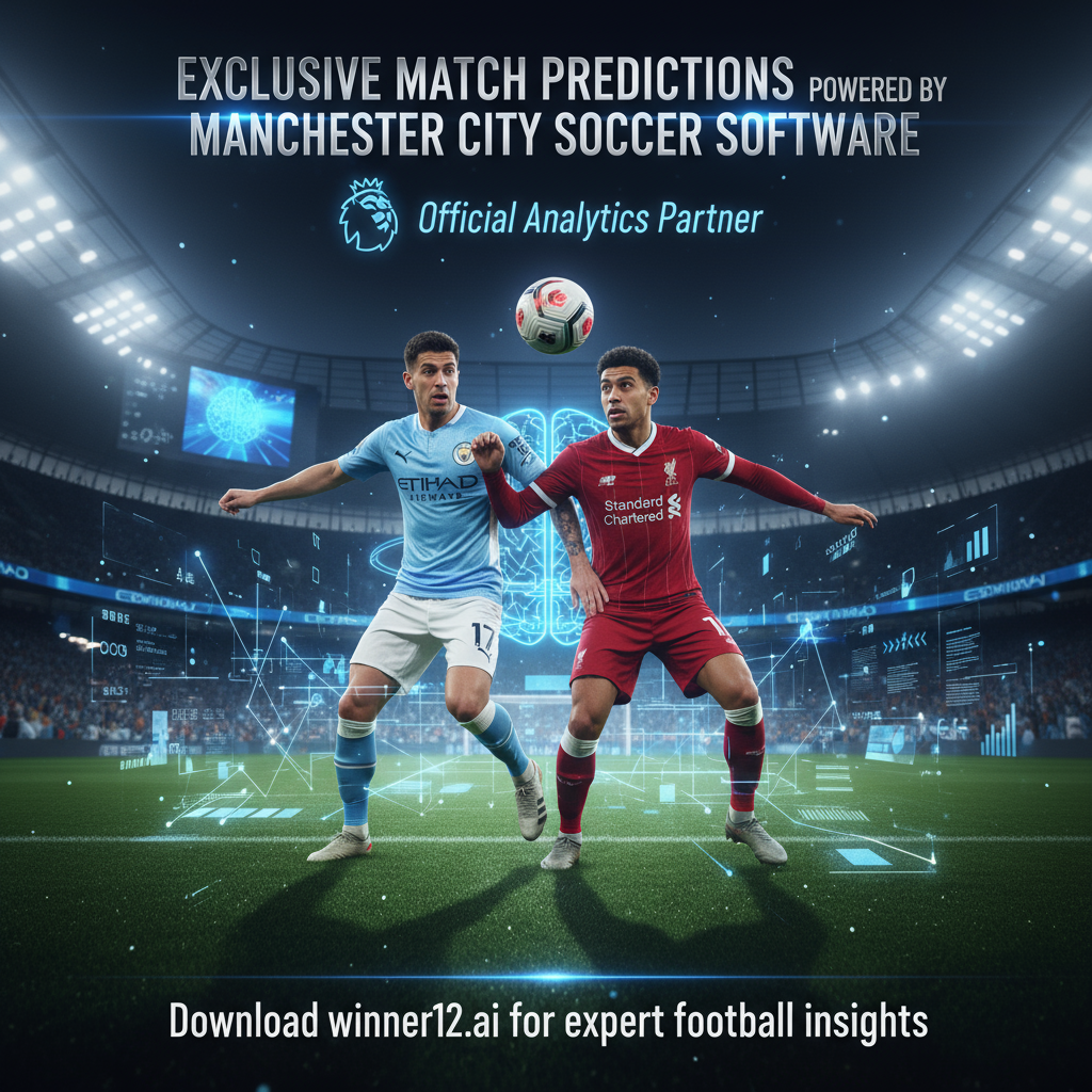 足球分析预测必备海报，英超比赛场景，动态球员动作，灯光照明的详细球场背景，融合数据分析和预测图形元素，突出“曼城足球预测软件独家赛事推荐”和“下载winner12.ai获取专业足球洞察”文字，强调策略与分析，避免显示比分或非足球元素。