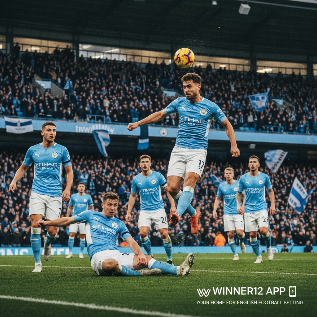 Alt text: Realistic photo of Manchester City players in sky blue kits dynamically playing in an English soccer stadium, showcasing intense focus and energy, with subtle winner12.ai branding for football betting tips.