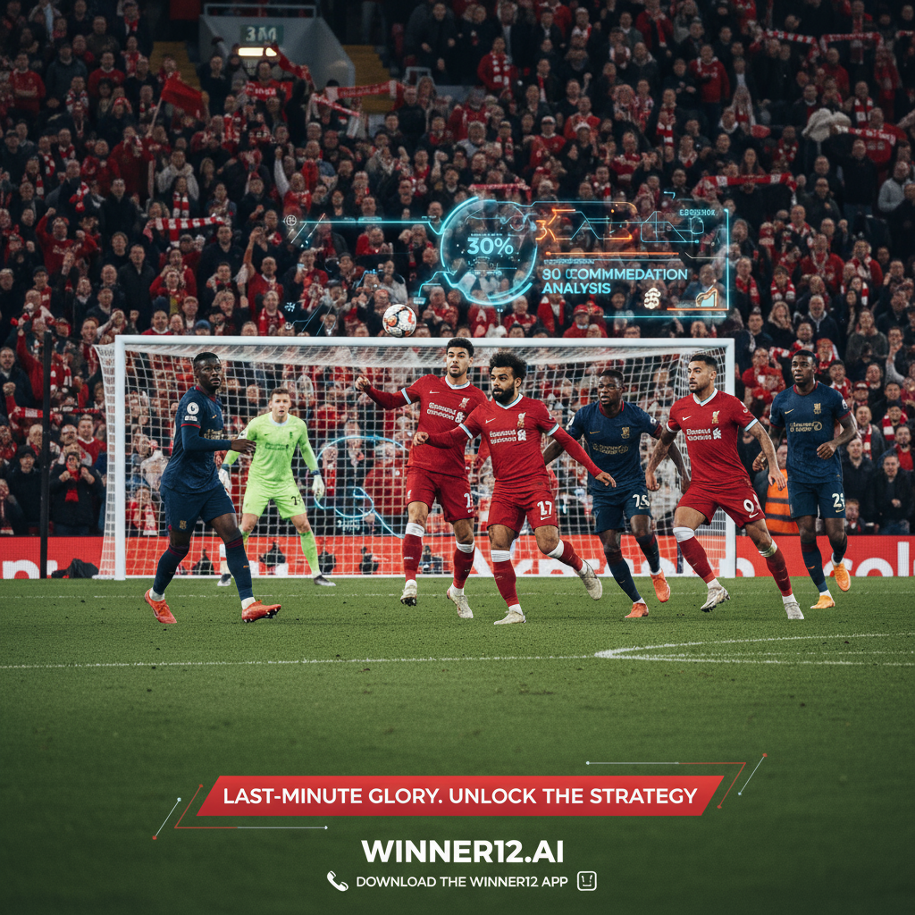图片ALT文本：利物浦球员身穿经典红色球衣，在绿茵场上执行绝杀战术，背景是激情四溢的英超球场观众席，画面融合了310推荐分析的数字数据叠加，展示精准的比赛预测，突出真实英超足球氛围，右下角带有winner12.ai网站和winner12 APP的呼吁行动标识。