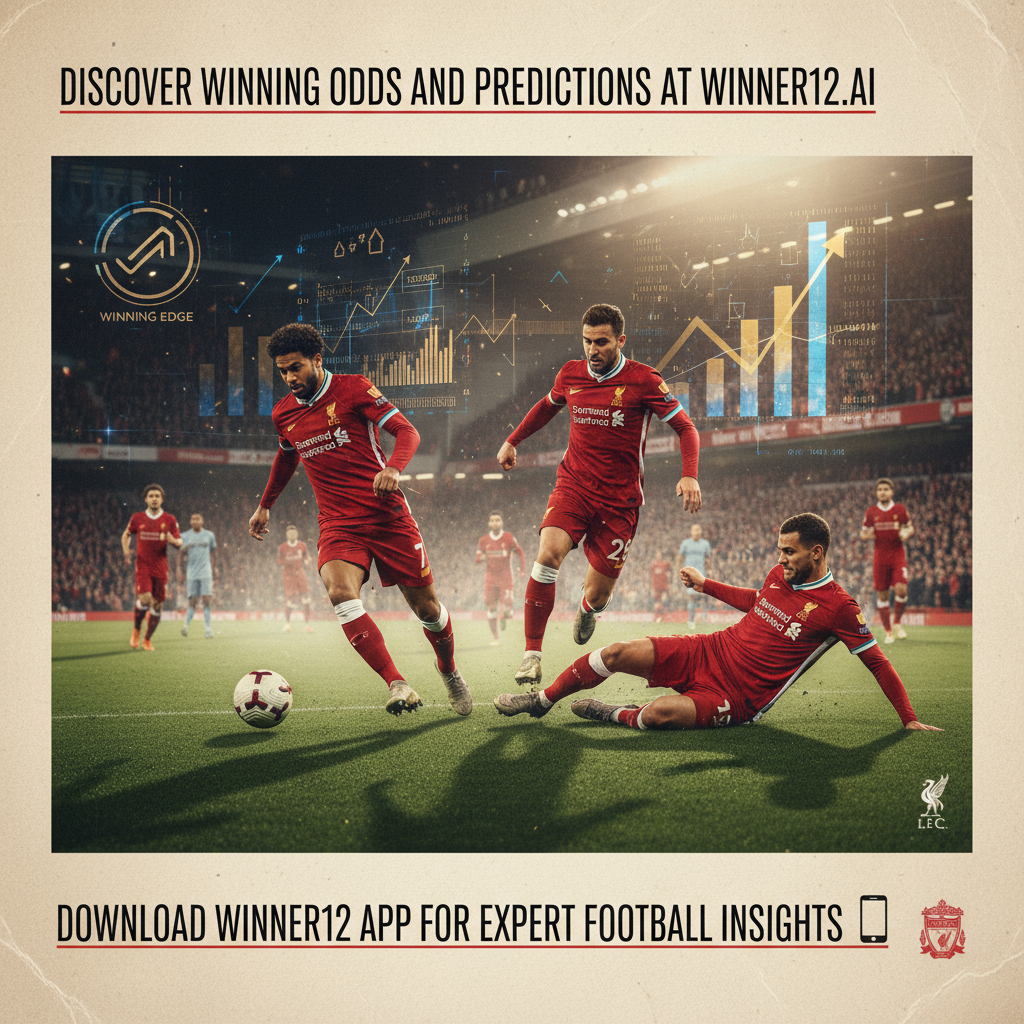 Alt text: Realistic high-detail poster of Liverpool soccer players in iconic red kits dynamically playing on a lush, floodlit stadium pitch, showcasing energy and determination with subtle digital overlays of winning odds and predictions, featuring modern text “Discover Winning Odds and Predictions at winner12.ai” highlighting Liverpool’s competitive edge.