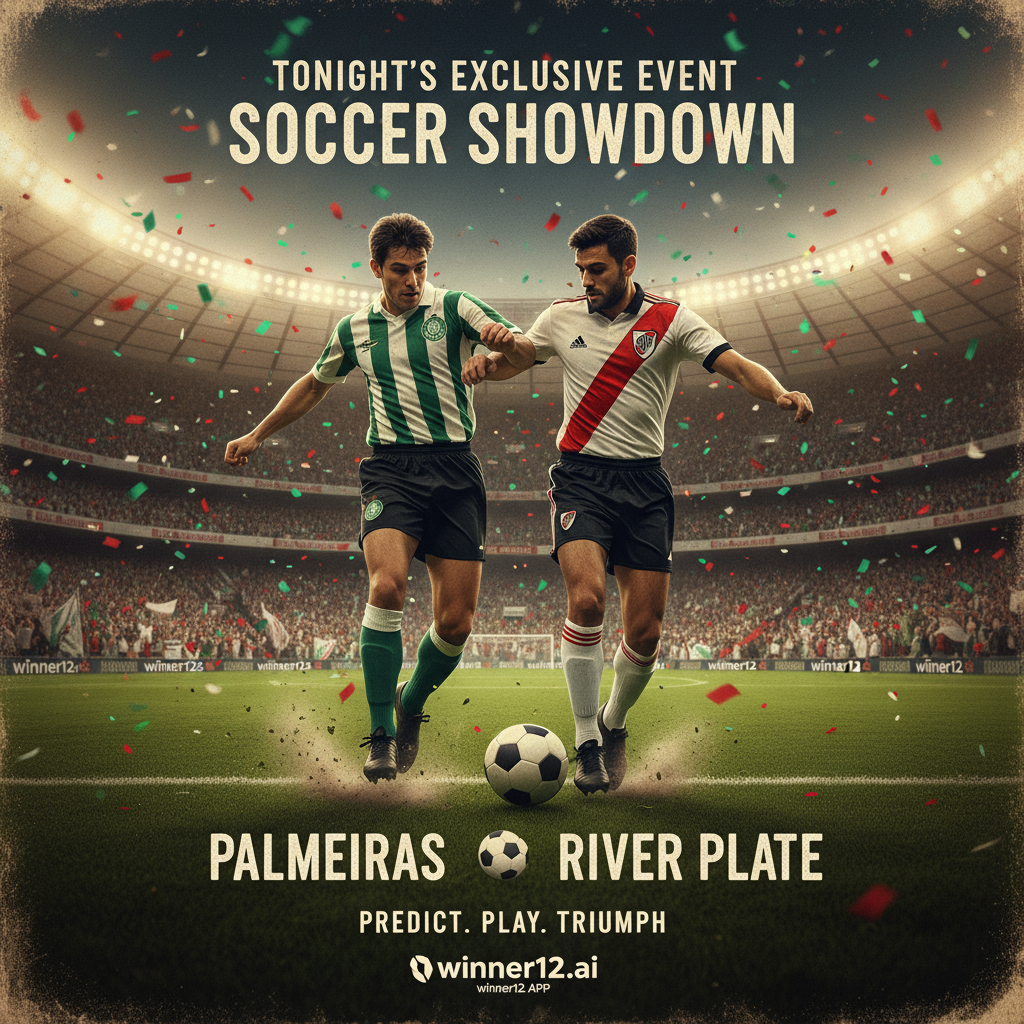 图片ALT文本：帕尔梅拉斯与河床激烈足球比赛海报，真实细致的经典足球装备球员动作，绿茵场地及热情观众，营造紧张赛事氛围，含“winner12.ai”品牌标识，传递今晚足球赛事独家预测秘诀。