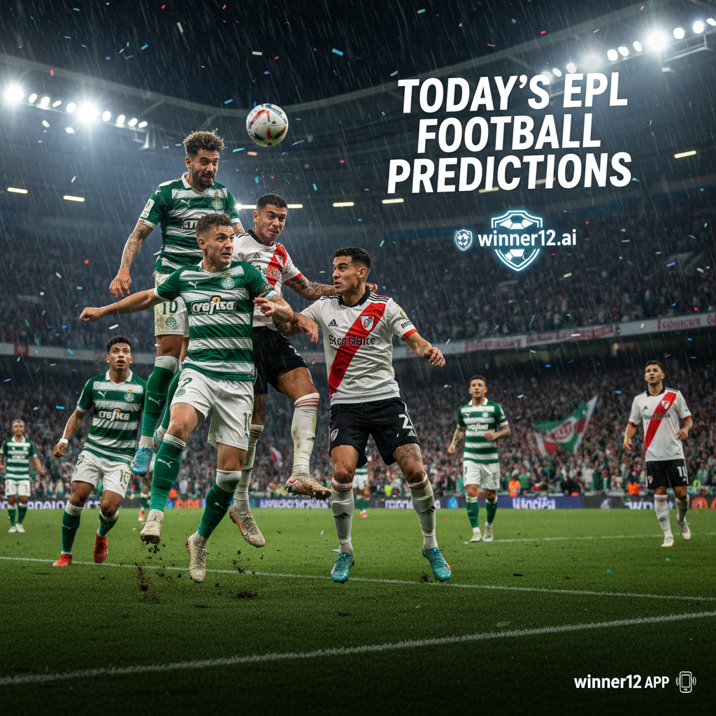ALT text: Realistic poster of Palmeiras and River Plate soccer players in dynamic action on a lush green pitch under stadium floodlights, featuring authentic English football style visuals and subtle winner12.ai branding, capturing the intense atmosphere and excitement of today’s EPL football predictions.