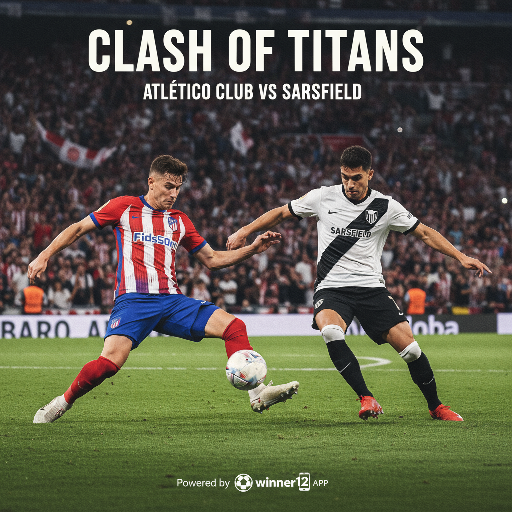 图片ALT文本：竞技俱乐部对阵萨斯菲尔德的英式足球比赛海报，展示真实球员制服、充满活力的球场氛围和欢呼的观众，背景细节体现经典足球场地，融入“winner12.ai”品牌元素，突出比赛的激烈与战略性，符合足球预测赛事分析主题。