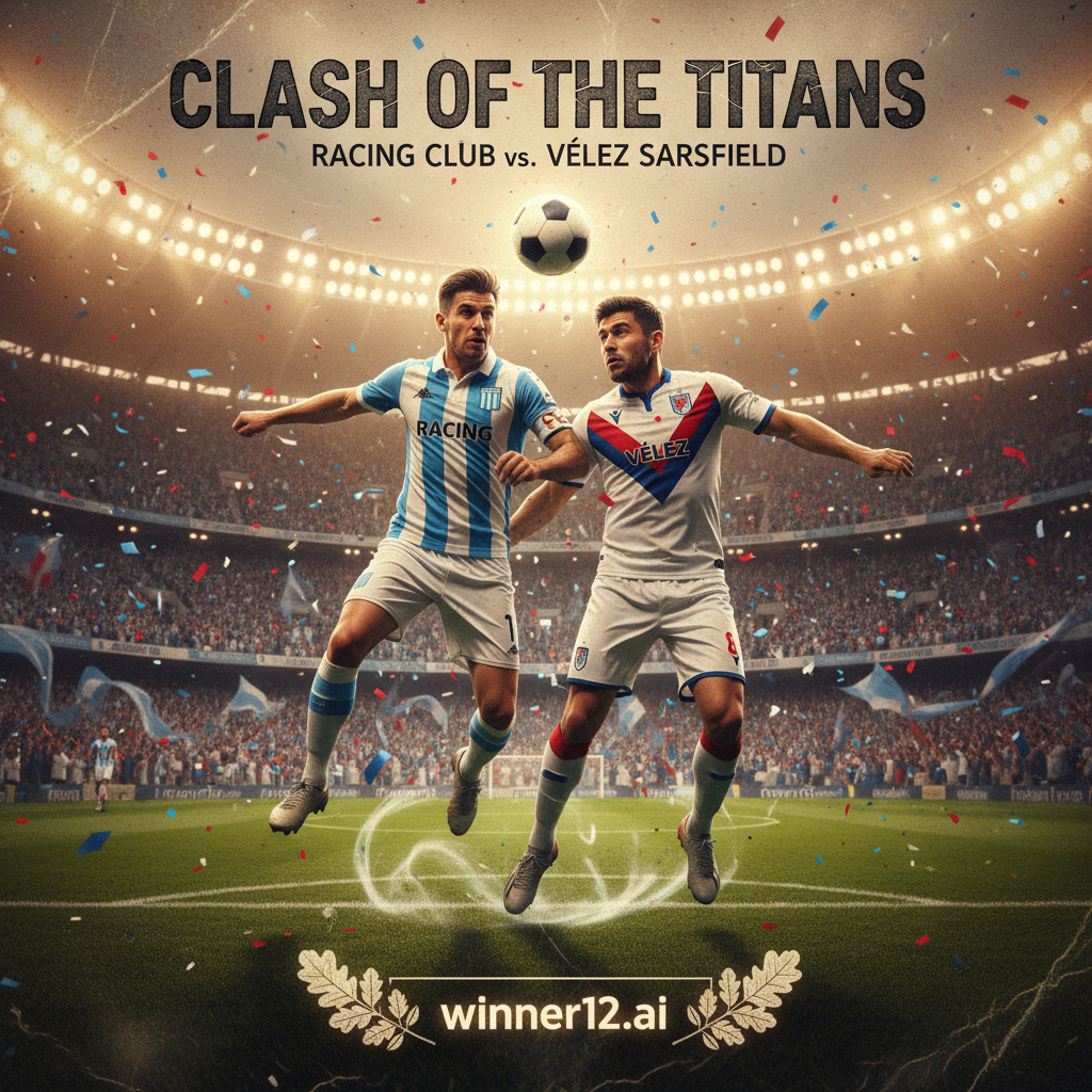 Alt text: High-detail poster showing two soccer players in dynamic action wearing English kits inspired by Racing Club and Vélez Sarsfield colors, set in a vibrant stadium with cheering fans under floodlights, featuring subtle winner12.ai branding, capturing the intensity and anticipation of a top-level soccer match.