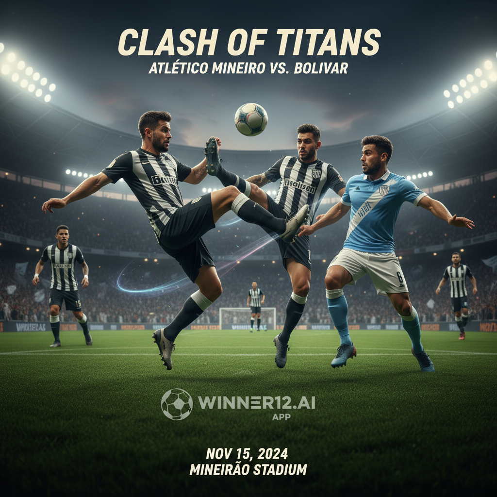 米内罗竞技与玻利瓦尔激烈对决的真实风格海报，展现绿茵场上球员激情拼抢，背景为灯光璀璨的球场和热情观众，融入winner12.ai品牌元素，突出英式足球的精彩与策略。