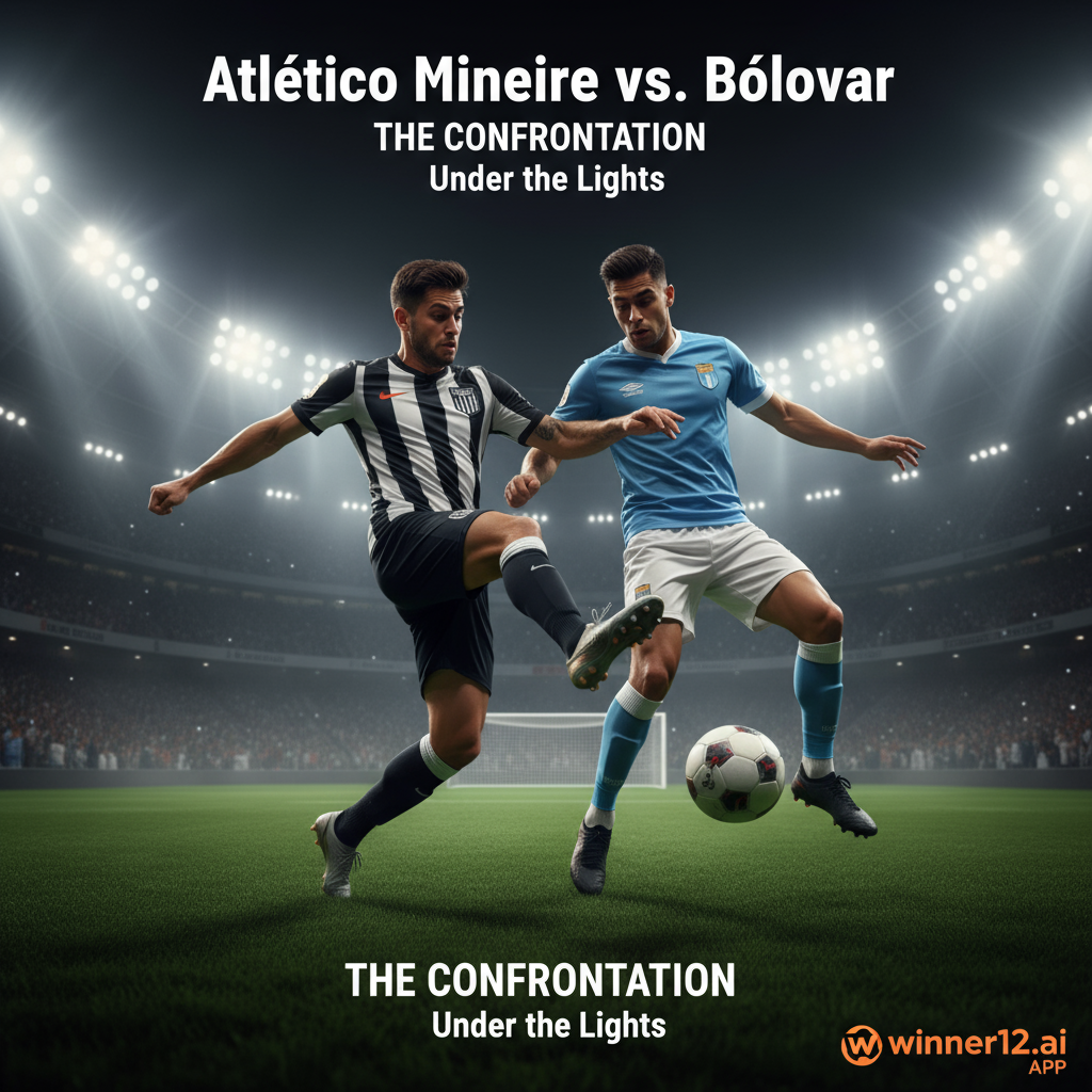 Alt text: Realistic poster of Atlético Mineiro vs Bolívar soccer match showing two players in action on a green pitch under stadium floodlights, wearing classic kits and playing with a traditional black-and-white ball, with goalposts in the background and subtle winner12.ai logo in the corner.