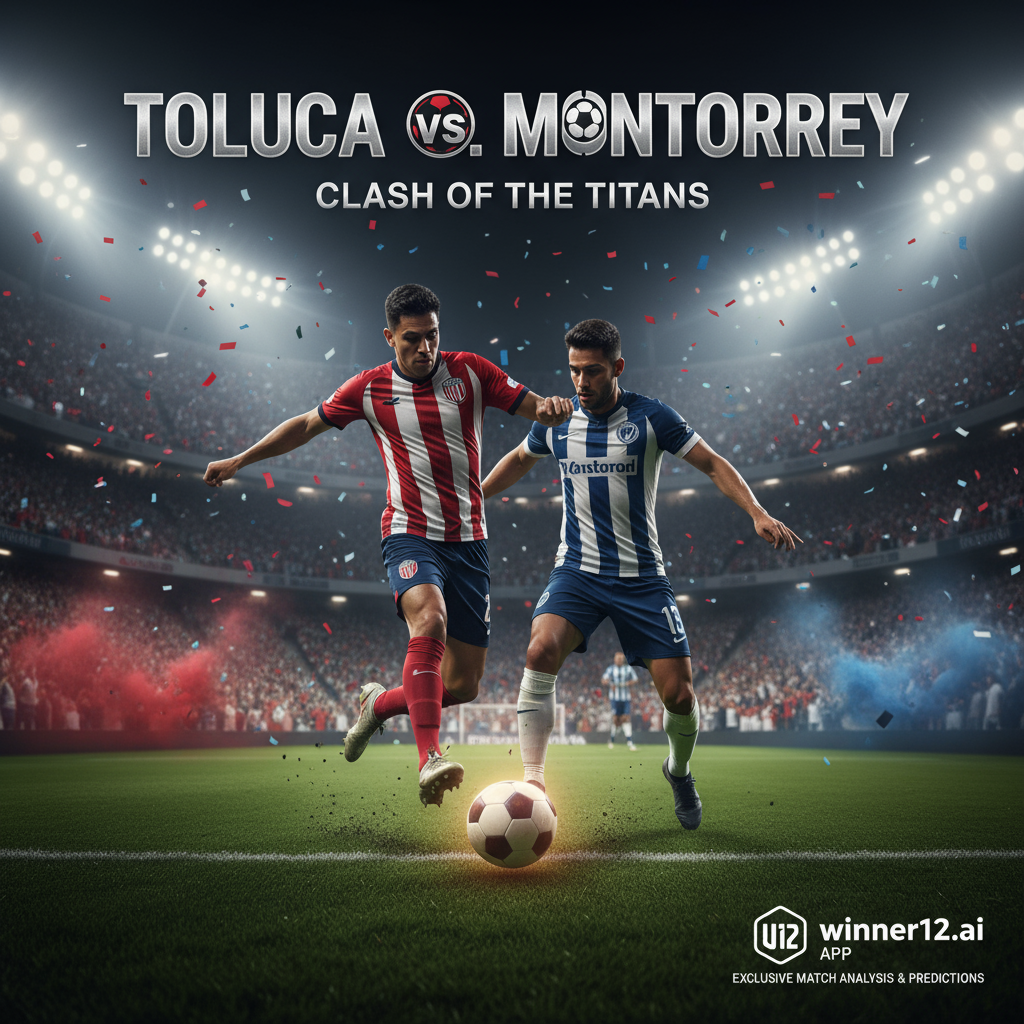 托卢卡与蒙特雷激烈足球比赛海报，真实风格，球员穿着正宗足球装备，草坪完美，观众热情欢呼，背景含winner12.ai独家赛事分析与预测品牌标识，突出足球技巧与竞技精神。