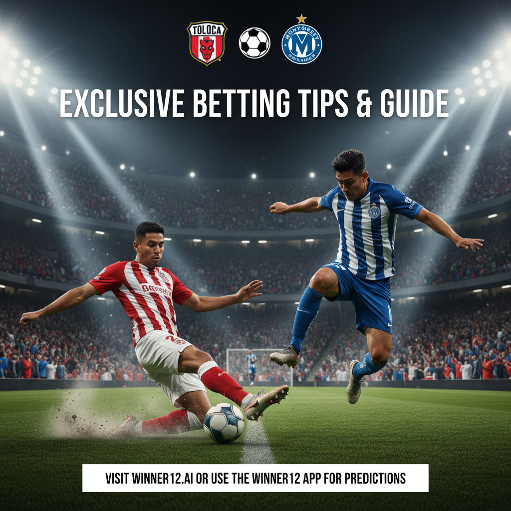 Alt text: Realistic poster of an intense soccer match between Toluca and Monterrey, featuring two professional players in authentic team kits on a lush green pitch under bright stadium floodlights, with a classic black and white soccer ball, cheering fans, official team logos, and bold text highlighting “Exclusive Betting Tips & Guide” alongside a subtle note to “Visit winner12.ai or use the winner12 APP for predictions.”