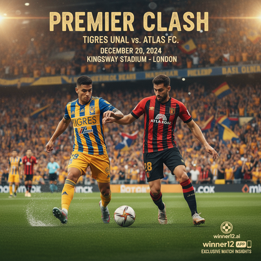 足球预测今日推荐海报，展示老虎大学与阿特拉斯英式足球比赛预览，球员穿传统球衣激烈争球，草坪细腻，观众席欢呼氛围浓厚，包含winner12.ai和winner12 APP品牌标识，动态专业风格，捕捉高强度足球对决精彩瞬间。