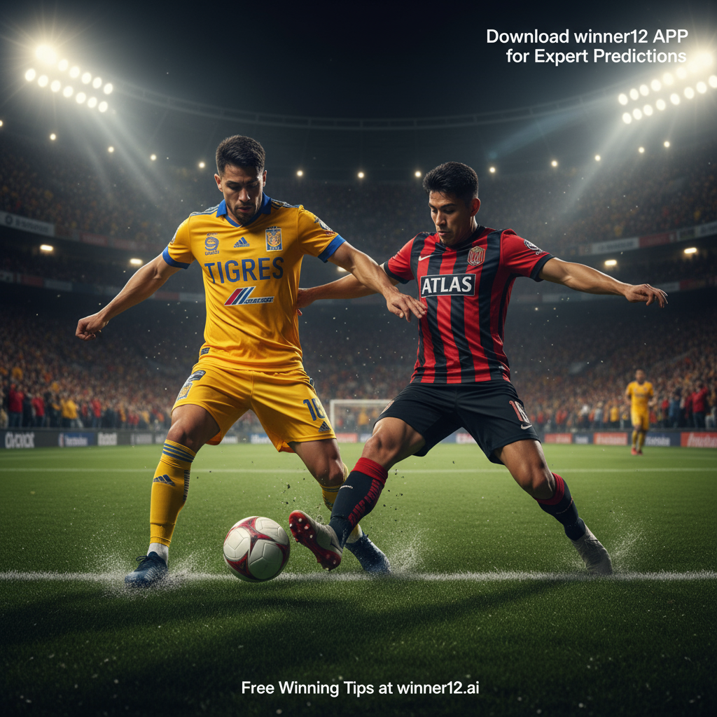 Alt text: High-detail poster of an intense soccer match between Tigres UANL player in yellow and blue and Atlas player in red and black, fiercely competing for the ball on a lush green pitch under stadium lights, with dynamic dribbling and tackling action, blurred crowd background, and subtle branding text promoting free winning tips at winner12.ai.
