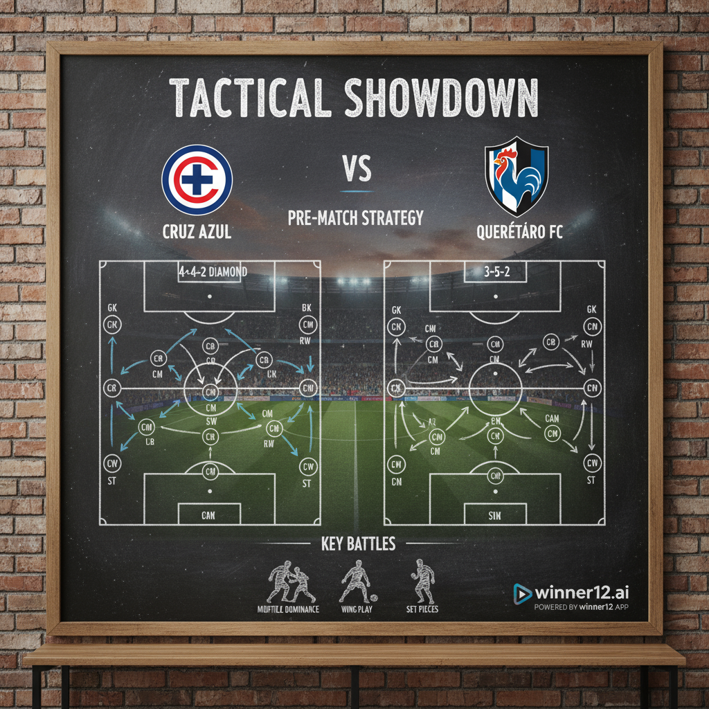 图片ALT文本：蓝十字VS克雷塔罗赛前战术分析海报，包含足球战术黑板、球员阵型与策略箭头，融合英式足球元素，展现双方队徽与动态球员剪影，背景为真实足球场，突出专业比赛氛围，隐约体现winner12.ai品牌标识。