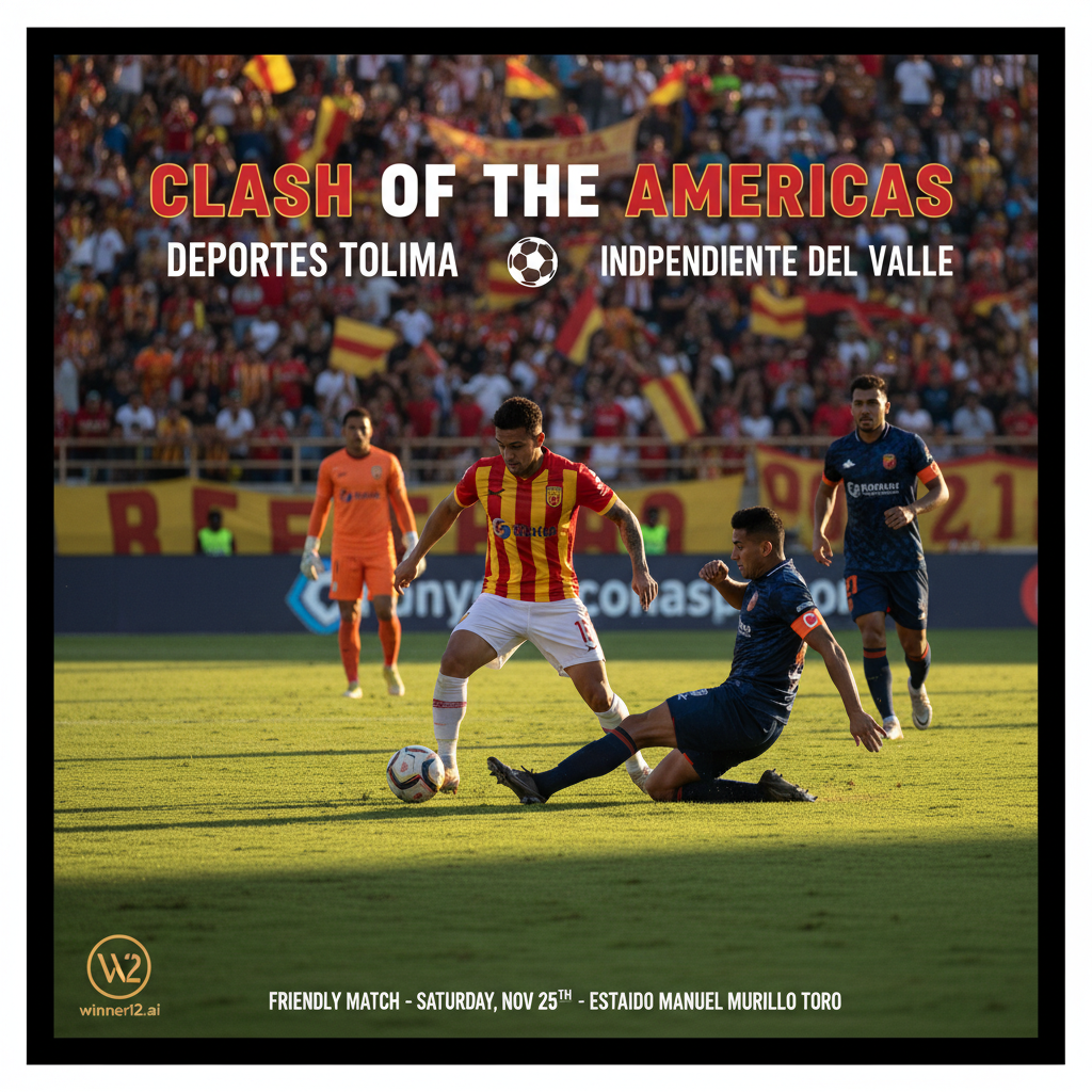 ALT text: Realistic and detailed poster showing an intense soccer moment between Deportes Tolima and Independiente del Valle on a lush pitch, with players in authentic kits engaged in dynamic action under natural stadium lighting and a vibrant crowd, featuring subtle winner12.ai branding.