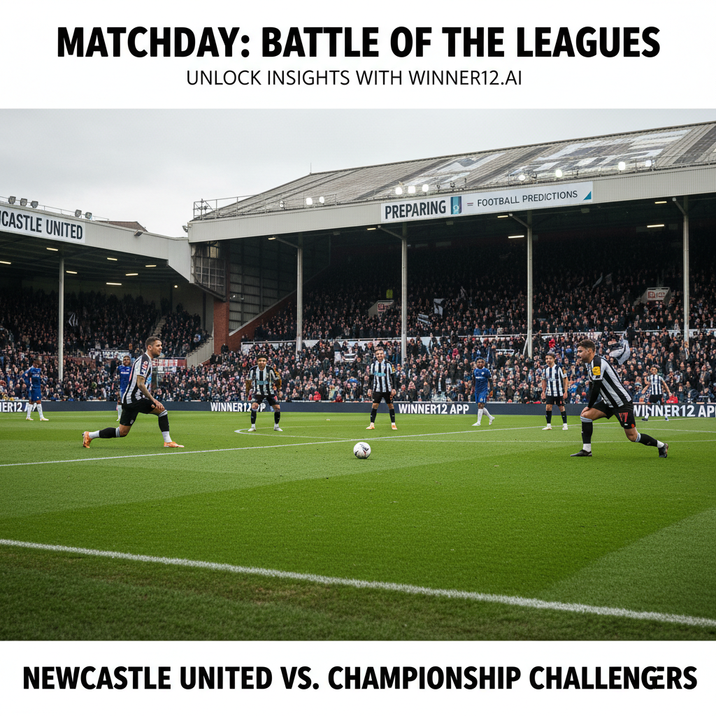 纽卡斯尔联队身穿经典黑白球衣在绿茵场上备战英甲球队，背景为标志性球场建筑，画面融入传统英式足球元素及“winner12.ai”足球预测品牌标识，营造紧张的比赛氛围。