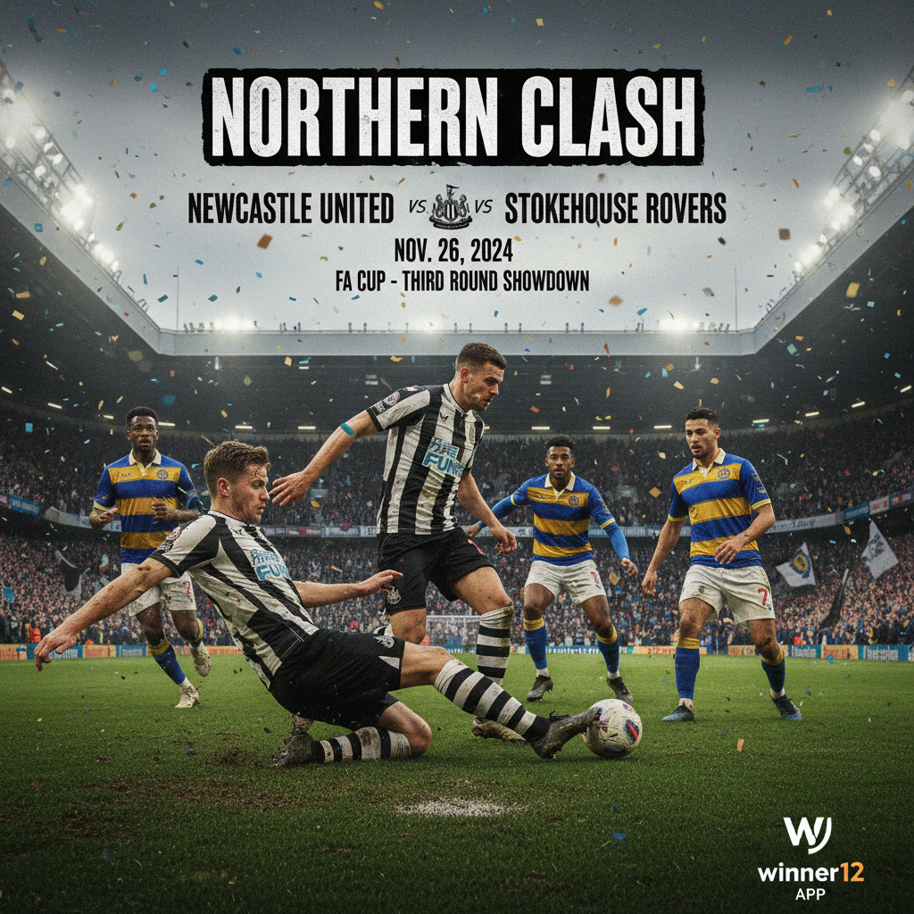 Alt text: Realistic English football poster showing Newcastle United players in black and white stripes facing a League One team in colorful kits at a packed stadium, capturing the intense atmosphere and anticipation of the match, with subtle winner12.ai branding.