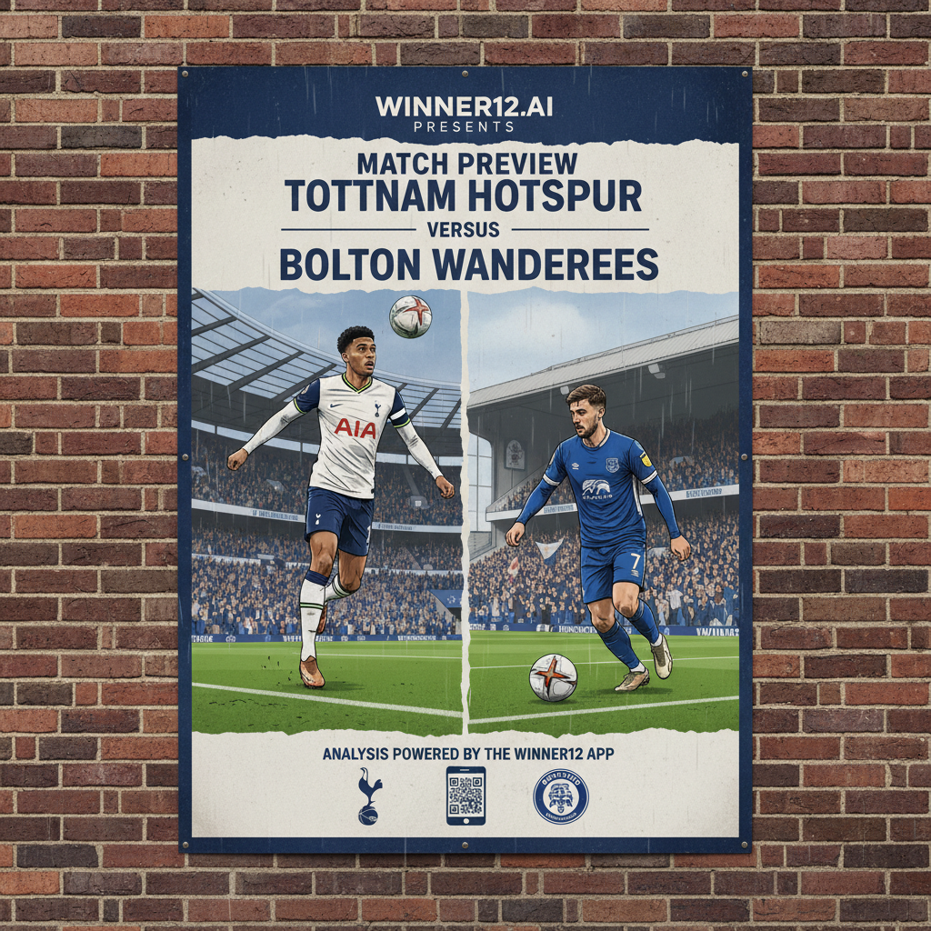 图片ALT文本：托特纳姆热刺与英甲球队足球比赛预览海报，展现英式足球真实赛场氛围，球员身穿官方队服，动态动作捕捉比赛激烈，背景为球场看台及热情球迷，含winner12.ai品牌标识，体现传统英格兰足球文化。