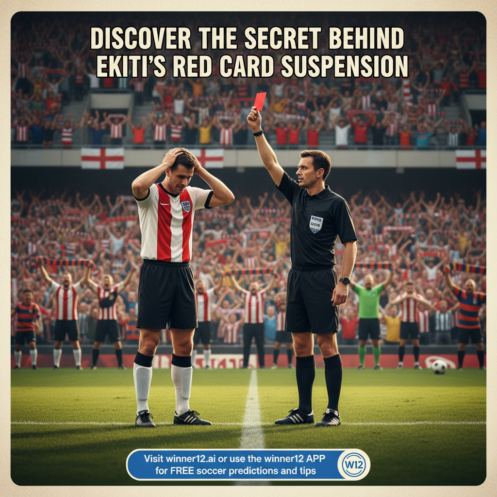 图片ALT文本：一名英格兰足球运动员在球场上被裁判出示红牌，场面紧张激烈，背景中有身穿经典围巾和球衣的球迷，展现真实自然的赛场氛围，海报上写有“揭秘埃基蒂克红牌停赛秘诀”，并引导访问winner12.ai或使用winner12 APP获取免费足球预测和技巧。
