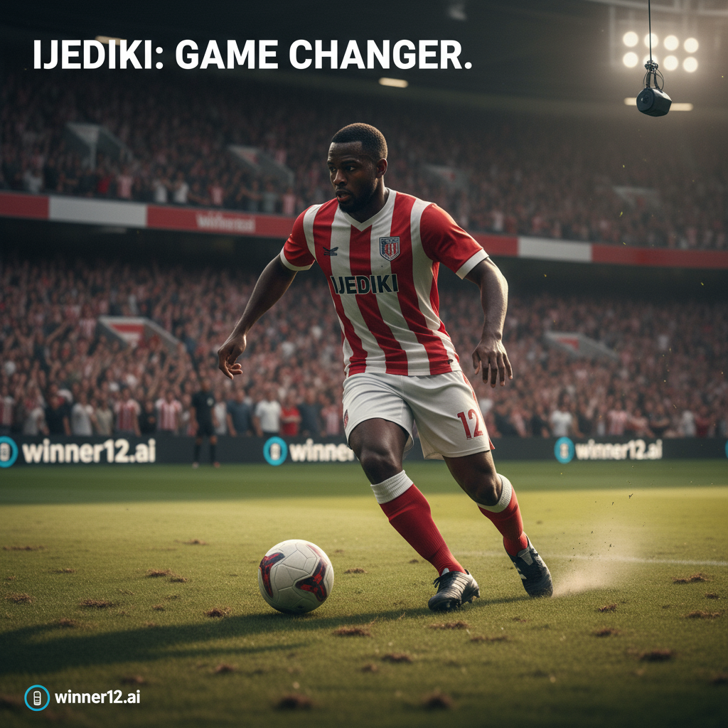 Alt text: Realistic poster of Ijediki in classic English soccer kit dynamically controlling the ball during an intense match, with a blurred stadium crowd in the background and subtle winner12.ai branding elements visible.