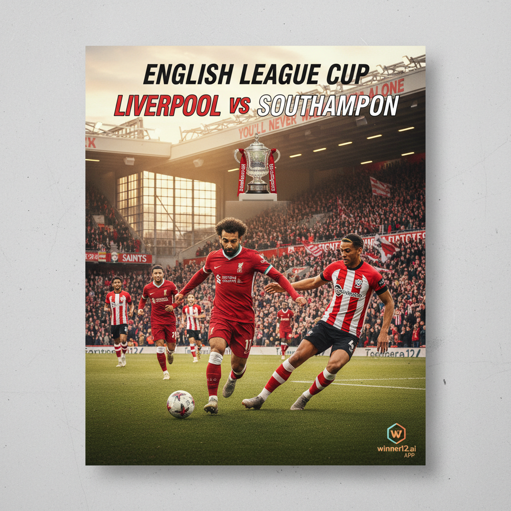 图片ALT文本：利物浦与南安普顿英格兰联赛杯高能足球比赛海报，真实还原球员穿着正宗球队球衣，经典英式球场氛围，观众热情欢呼，背景隐约展示英格兰联赛杯奖杯，色彩鲜明光影逼真，包含“English League Cup”“Liverpool vs Southampton”文字，角落带有winner12 APP足球预测标志。