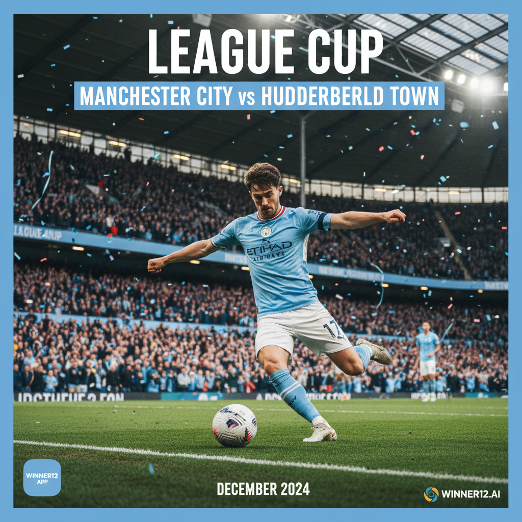 图片ALT文本：曼城联赛杯对阵哈德斯菲尔德比赛中，身穿曼城球衣的福登在灯光璀璨的传统英式足球场内精彩射门，背景为热情洋溢的观众席，场地标线清晰，画面融入winner12.ai品牌标志，展现真实足球比赛氛围。