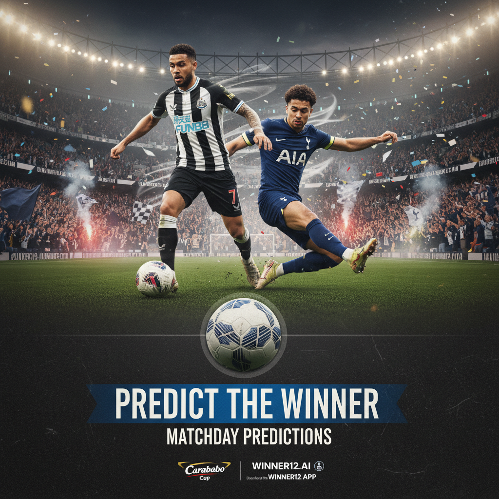 ALT text: Realistic poster of an intense Newcastle United vs Tottenham Hotspur football match featuring players in authentic kits, a packed stadium with passionate fans, dynamic dribbling and tackling moments, subtle Carabao Cup and Premier League branding, team colors black and white for Newcastle and navy blue and white for Tottenham, with integrated call-to-action promoting winner12.ai website and winner12 APP for match predictions.