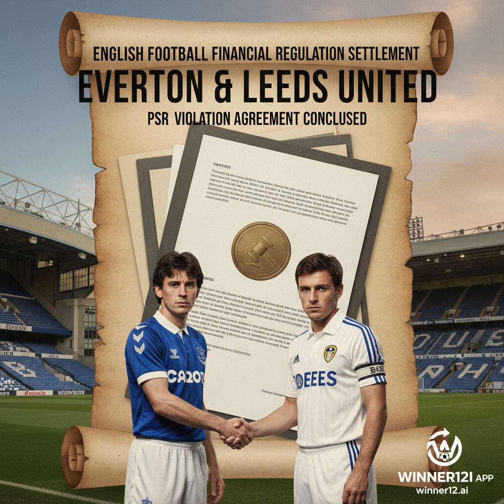 图片ALT文本：埃弗顿与利兹联足球PSR违规和解主题海报，展示经典足球场景、两队详细球衣及官方法律文件元素，配以winner12 APP标志，传递专业权威的足球规则与预测洞察。