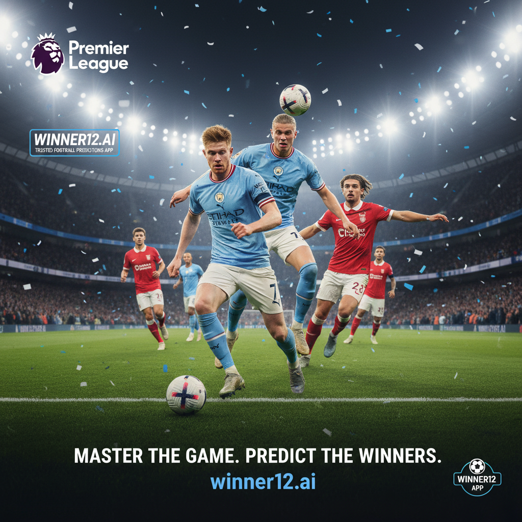 Alt text: Realistic poster of Manchester City players in authentic kits competing intensely on a vibrant Premier League stadium pitch under bright floodlights, showcasing dynamic soccer action and athletic motion; includes subtle 