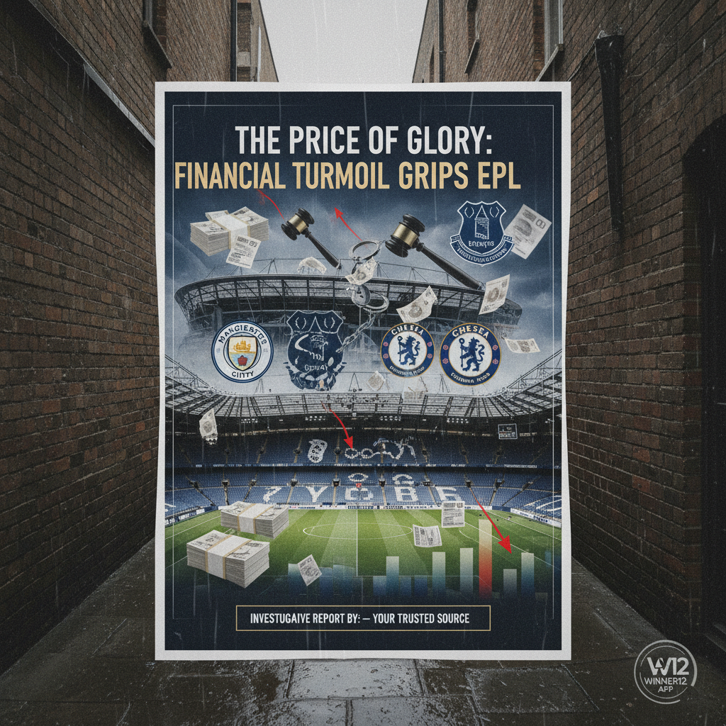 英超俱乐部财务争议海报，真实细致展示标志性球场、俱乐部徽章及金钱与法律文件象征，严肃调查风格，融入英格兰足球元素，Winner12.ai品牌标识，新闻摄影风格