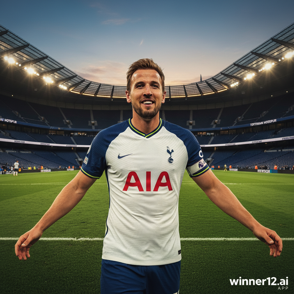 图片ALT文本：哈里·凯恩身穿托特纳姆热刺经典白蓝球衣，站在郁郁葱葱的绿茵场上，背景为微光中的托特纳姆热刺球场，传递胜利与激励氛围，右下角配有现代字体的“winner12.ai”品牌标识，展现英式足球文化的真实质感和自然光影。