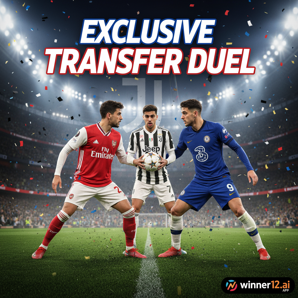 ALT text: Realistic poster of a tense football transfer duel between Arsenal and Chelsea players on a lush stadium pitch under bright lights, featuring Juventus star Kaan Ayhan Yildiz with subtle Juventus branding, dynamic action in authentic kits, 
