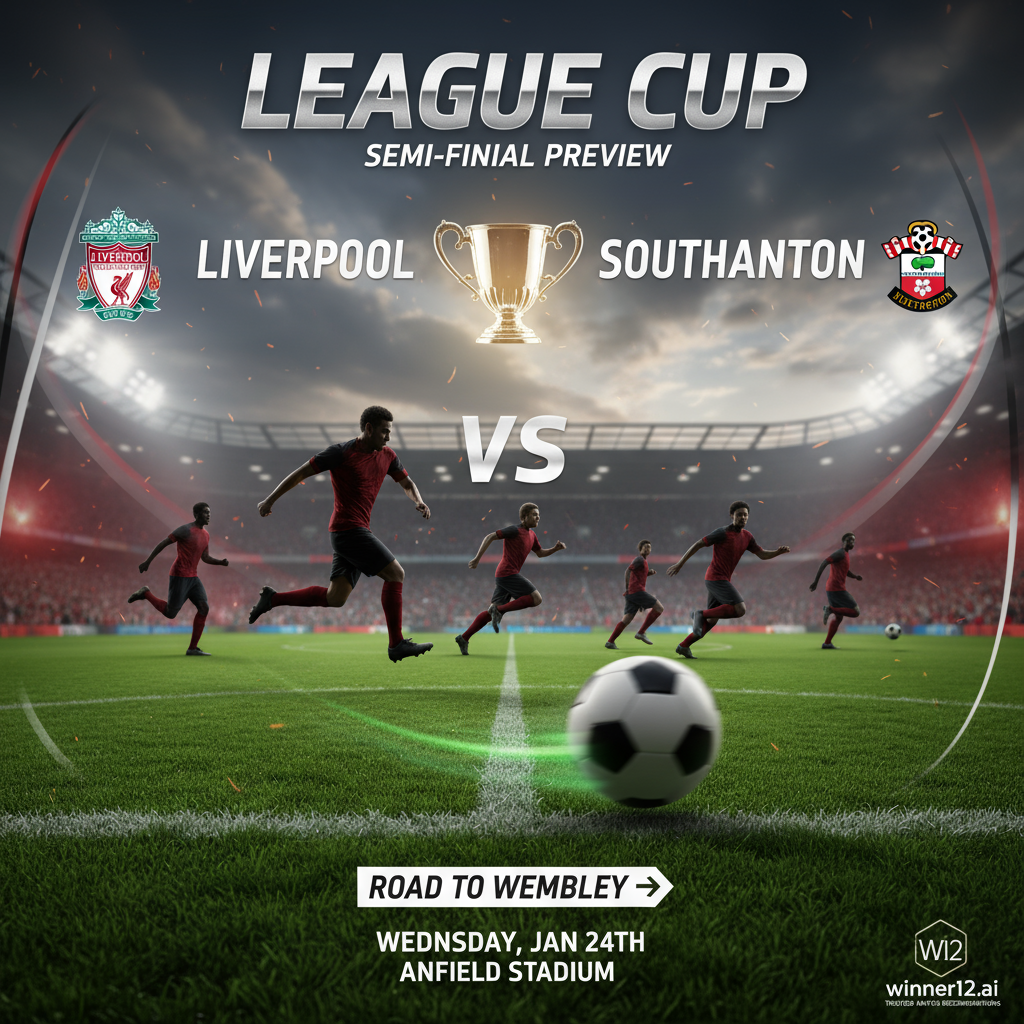 ALT文本：利物浦VS南安普顿联赛杯晋级预览海报，展示官方联赛杯奖杯、两队队徽和经典足球，背景为绿茵场，配有传统足球服装球员的动态剪影，体现英格兰足球杯赛的激动氛围，附带winner12.ai品牌标识，专业且真实的足球赛事推荐视觉设计。