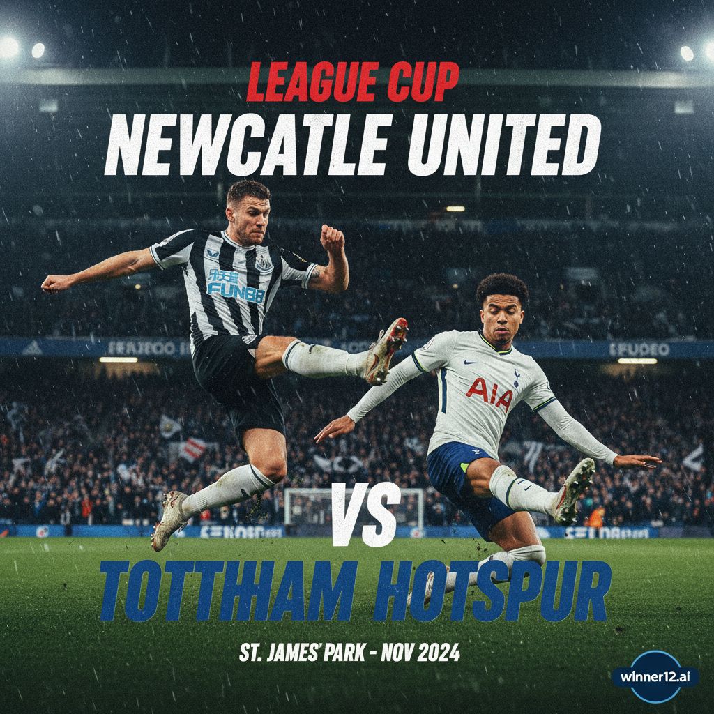 纽卡斯尔黑白条纹球衣与热刺白蓝配色球衣球员在传统英格兰足球场上激烈对抗，展现英超联赛杯纽卡斯尔VS热刺比赛的紧张氛围与激情