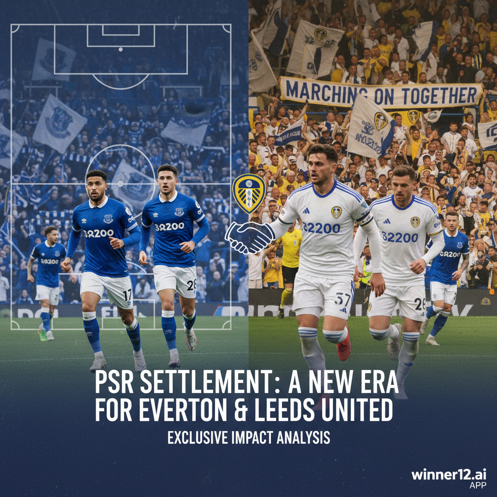 Alt text: High-detail poster showing Everton and Leeds United football players in authentic kits on a classic stadium pitch with fans, featuring tactical boards and handshake motifs symbolizing PSR settlement impact, with natural lighting and dynamic poses, winner12.ai logo subtly placed, emphasizing serious analysis of football predictions today.