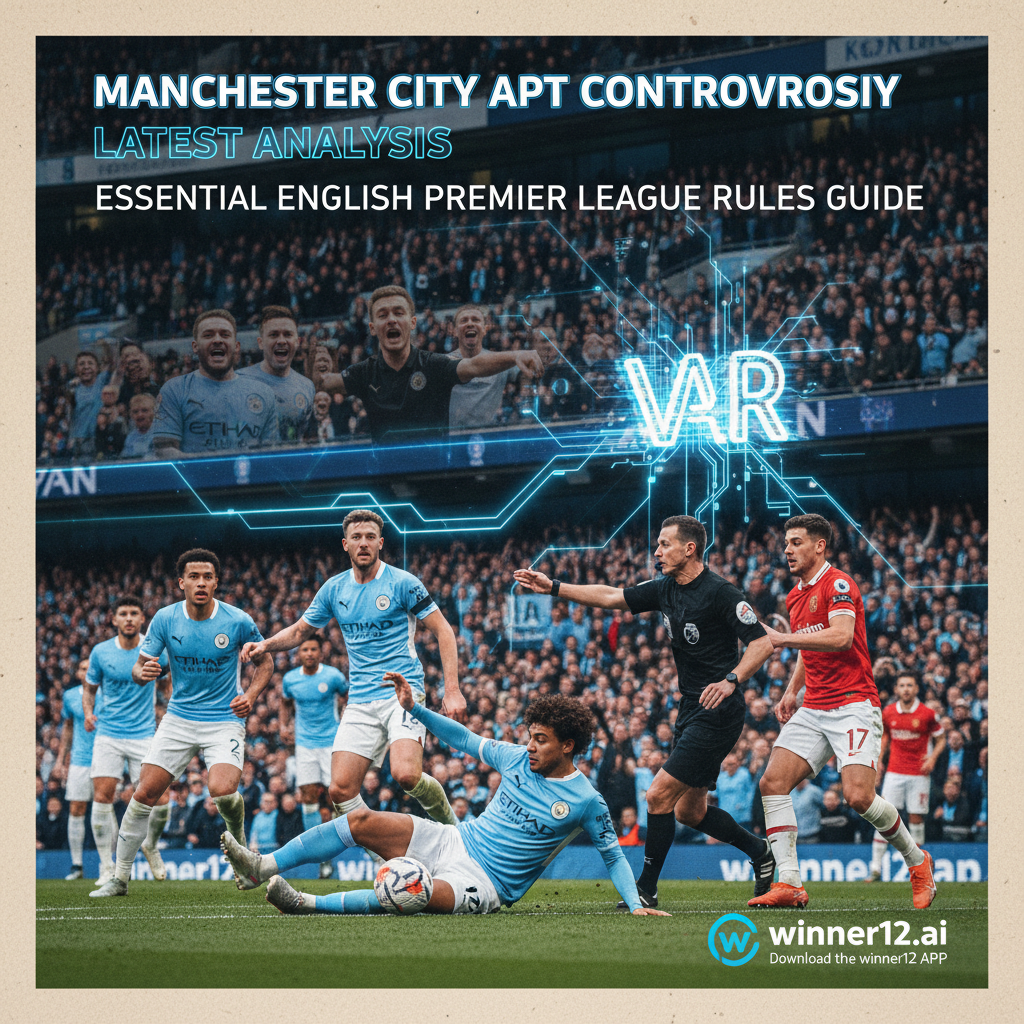 图片ALT文本：逼真的英超足球比赛海报，聚焦曼城球员激烈拼抢场面，背景为标志性英格兰足球场，包含裁判吹哨及动态观众反应，隐约展现APT争议和裁判判罚元素，配有“曼城APT争议最新解读”和“英超规则必备指南”现代文字，专业且低调呈现winner12.ai与winner12 APP品牌标识。