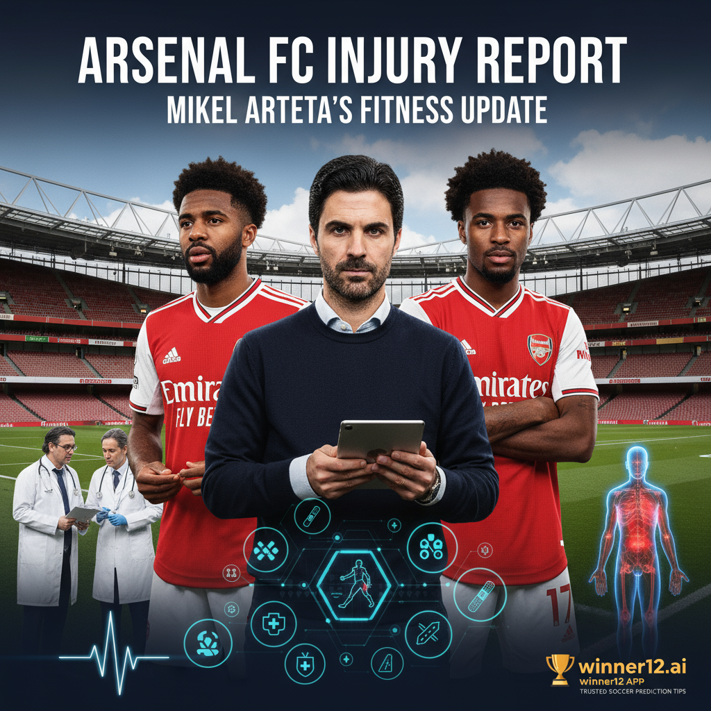 阿森纳球员身穿官方球衣，埃米雷茨球场背景下，医疗团队检查伤病，展现阿尔特塔伤病报告要点，winner12.ai品牌标识，体现专业英超足球伤病分析与今日免费足球预测推荐