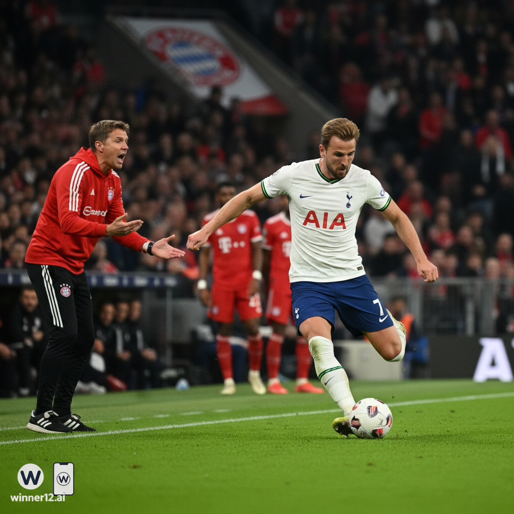 Alt text: Realistic high-detail poster showing Harry Kane in Tottenham Hotspur kit in dynamic action on a lush green pitch under stadium lights, with Thomas Frank in Brentford outfit giving tactical instructions on the sidelines; subtle Bayern Munich red jersey and stadium elements in background; authentic English football atmosphere with blurred cheering crowd; discreet 