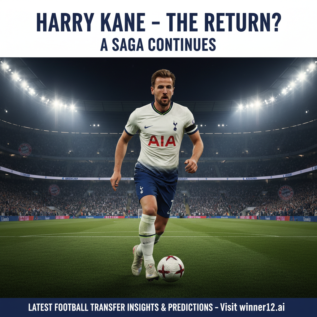 ALT text: Realistic-style poster of Harry Kane in Tottenham Hotspur kit under stadium floodlights, featuring subtle Bayern Munich branding and the text “Latest Football Transfer Insights & Predictions – Visit winner12.ai,” highlighting his potential return to Spurs.