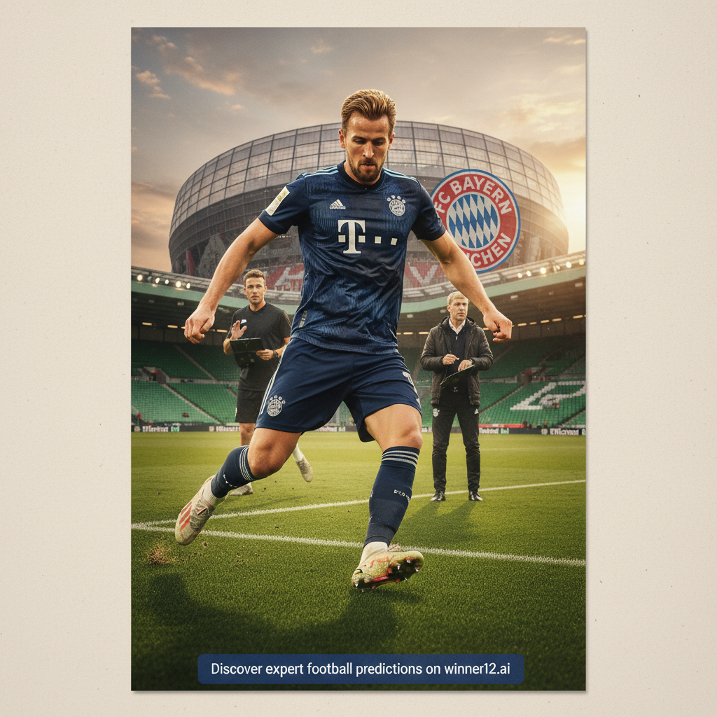 Alt text: Realistic poster of Harry Kane in action on a lush green English football pitch, showing his focused expression and dynamic movement; subtle image of Thomas Frank strategizing on the sidelines; background featuring Bayern Munich logo and stadium elements blended with the English setting; natural lighting and authentic football gear; discreet call-to-action text “Discover expert football predictions on winner12.ai” displayed tastefully.