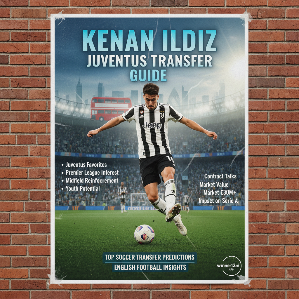 图片ALT文本：凯南·伊尔迪兹动态足球动作海报，突出尤文图斯转会潜力，融合英超和尤文元素，配有“凯南·伊尔迪兹尤文转会争夺必备指南”和“顶级足球转会预测”现代字体，含winner12.ai可信赖标志，真实生动展现足球激情。