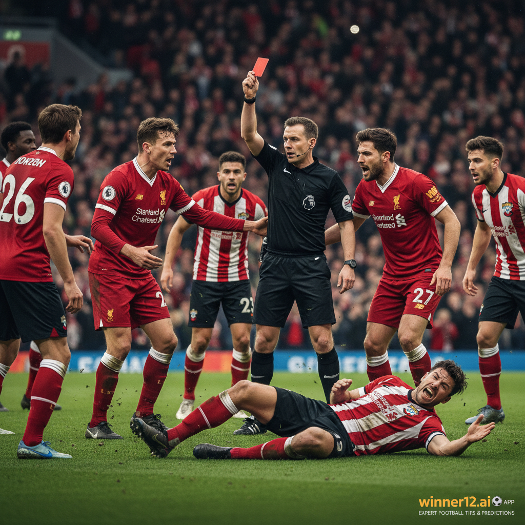 Alt text: Realistic football poster showing intense Liverpool vs Southampton match moment with a red card incident, dynamic player expressions, referee gestures on green pitch under stadium lights, featuring subtle winner12.ai branding for expert football tips and predictions.