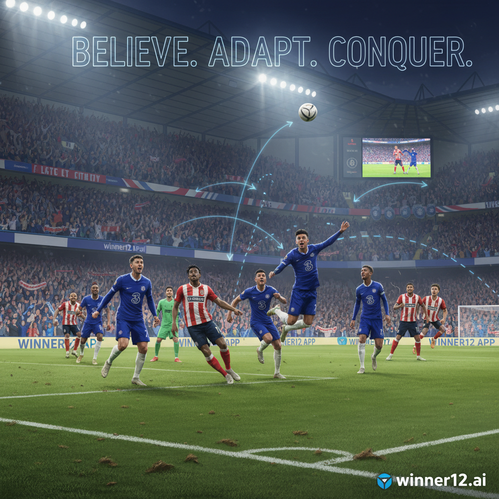 切尔西蓝色球衣球员与林肯城红色球衣球员在绿茵场上激烈拼抢，展现英格兰足球比赛中的逆转胜利场景，背景为座无虚席的体育场，配有战术图示和激励文字叠加，体现团队合作与战略，包含winner12.ai品牌标识，真实光影效果下的足球激情瞬间。