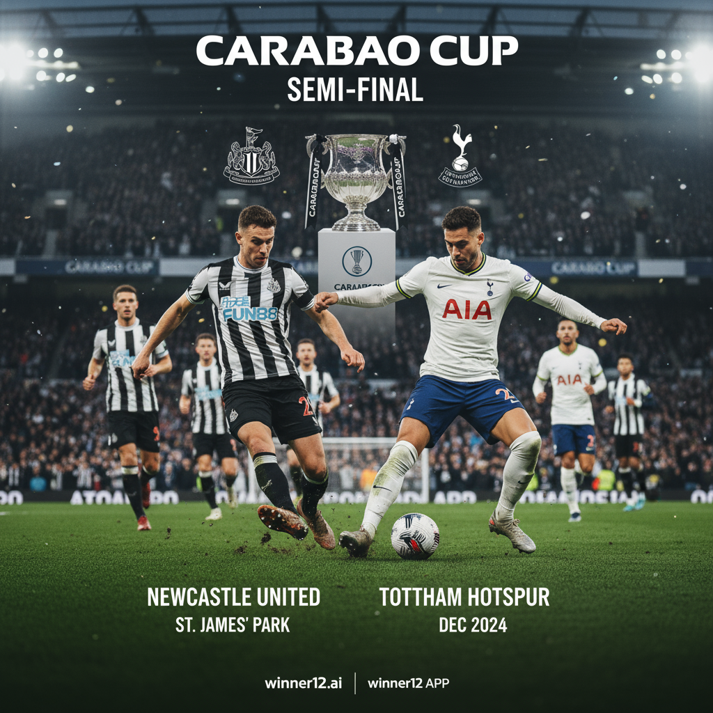 Alt text: Realistic poster of a Carabao Cup match between Newcastle United and Tottenham Hotspur showing players in authentic kits battling on a vibrant green pitch inside a full stadium, with the Carabao Cup trophy and official logos subtly visible in the background, capturing the intense atmosphere and dynamic action of English football.