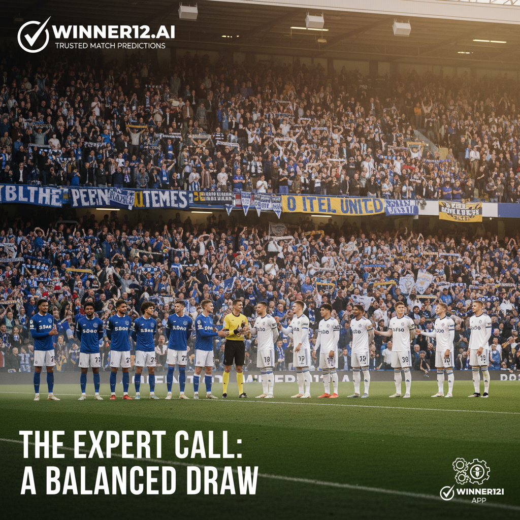 图片ALT文本：埃弗顿与利兹联英超足球比赛前的真实球场海报，球员身穿官方队服，球迷热情助威，画面细致展现比赛氛围，包含“winner12.ai”品牌标识，体现平局预测的专业分析。