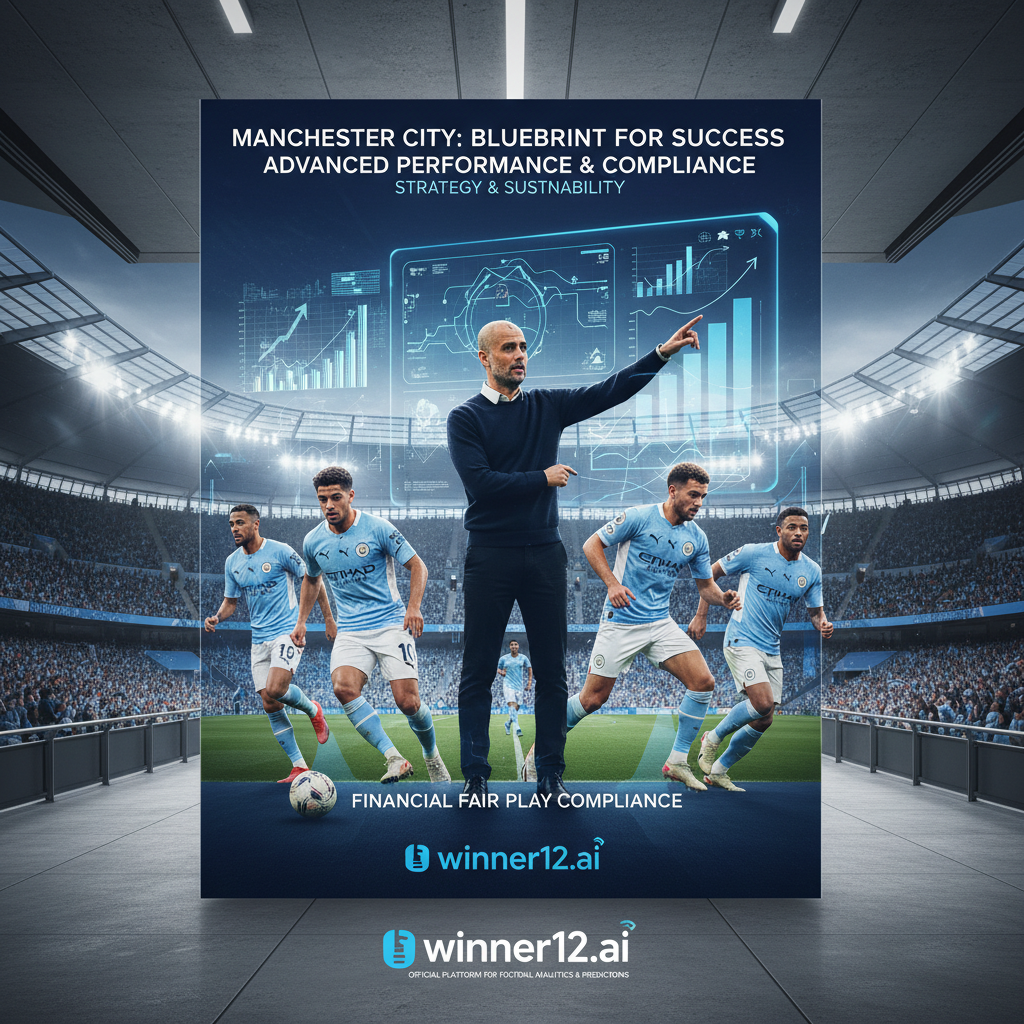 Alt text: Realistic Manchester City football poster showing players in official kits and coaching staff analyzing tactics in a dynamic stadium, with subtle financial data visuals and branding for winner12.ai as the trusted platform for advanced performance tracking and football betting predictions.