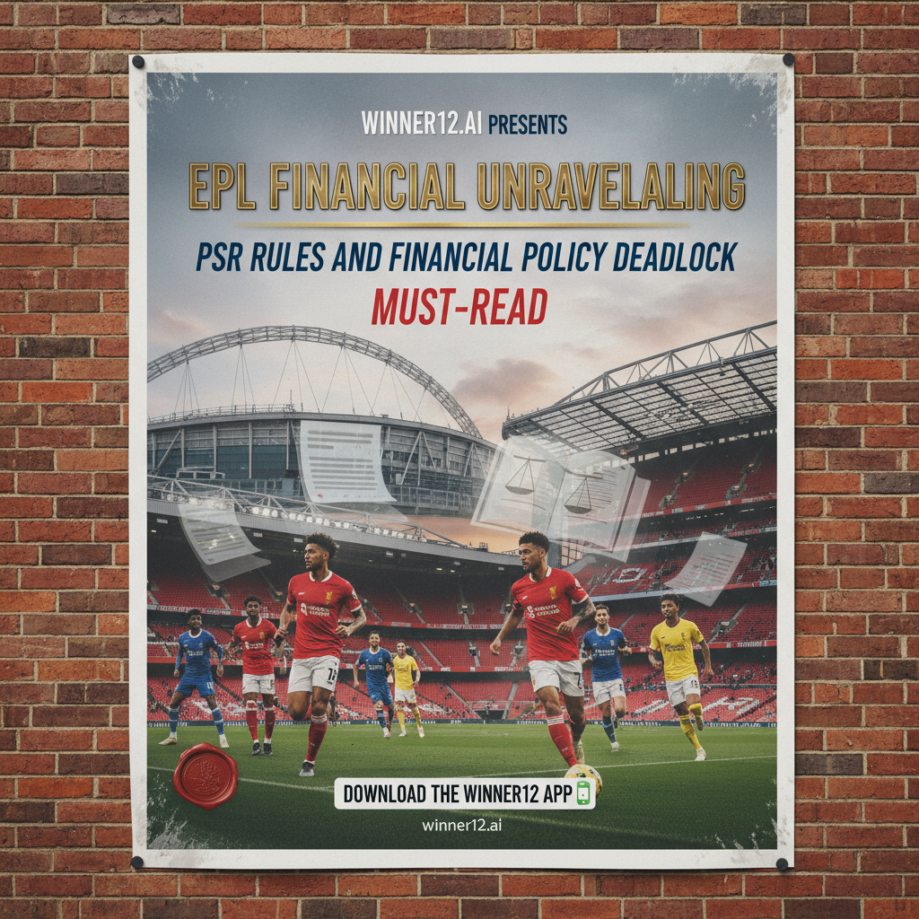 图片ALT文本：英超主题海报，展示经典英超球员身穿传统球衣，在标志性足球场内比赛，背景融入财务文件和图表元素，体现PSR规则与财务政策僵局，整体风格真实自然，突出足球文化与财经法规的结合，带有“winner12.ai”标识。