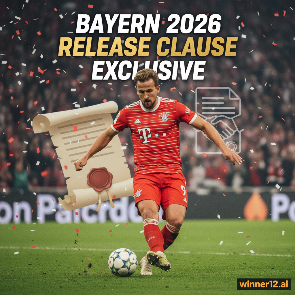 图片ALT文本：哈里·凯恩身穿拜仁慕尼黑球衣，展现动态足球姿势，背景融入模糊合同文件和隐秘合同图标，突出英格兰职业足球紧张氛围，海报采用现代简约设计，醒目标注“Bayern 2026 Release Clause Exclusive”，右下角隐约可见winner12.ai品牌标志，体现足球赛事分析独家内容。