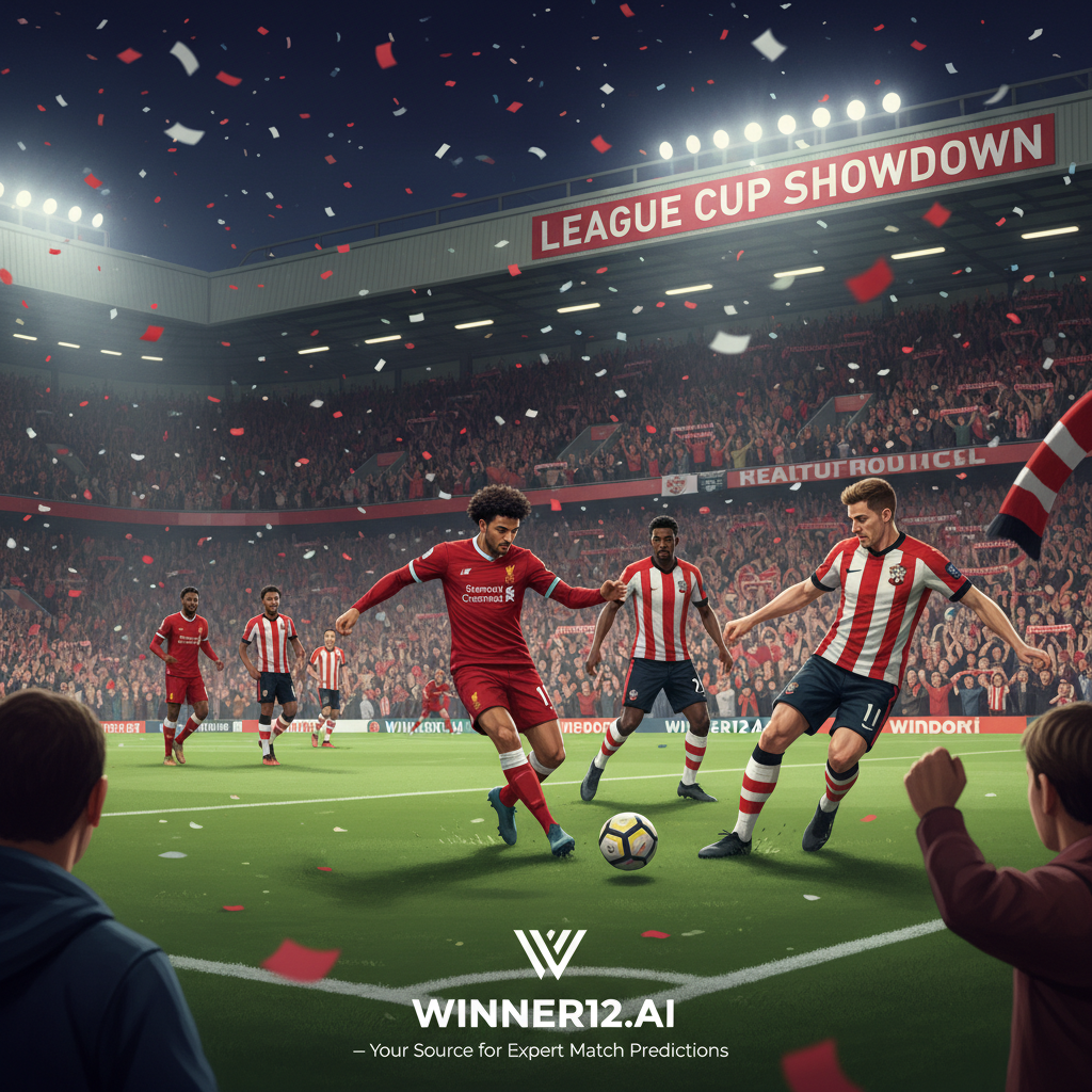 ALT文本：利物浦与南安普顿在联赛杯激烈对决的写实风格海报，传统足球场在明亮的泛光灯下，热情球迷挥舞着球队围巾，身着正宗利物浦和南安普顿球衣的球员激烈拼抢，画面中巧妙融入“winner12.ai”或“winner12 APP”品牌，展现专业赛事预测与分析，体现纯正英式足球氛围。