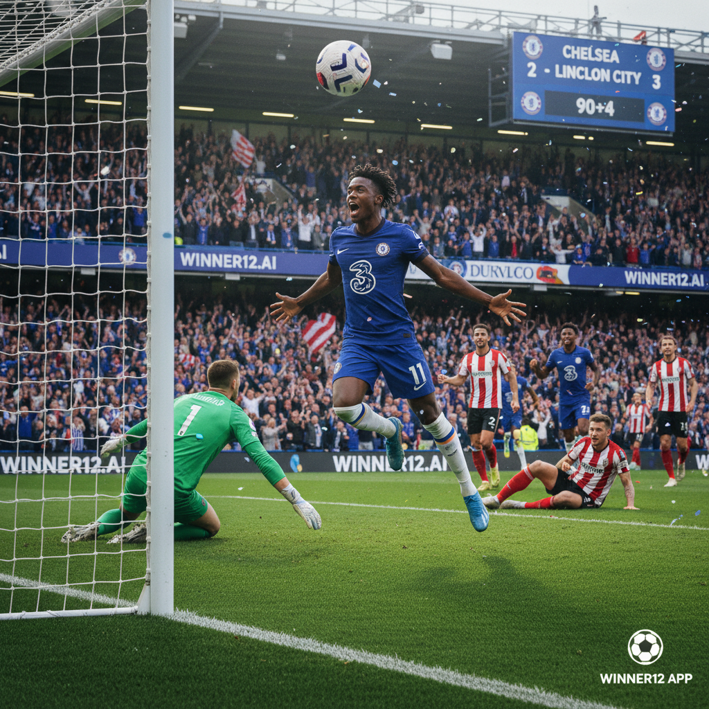 Image ALT text: A realistic and dynamic poster capturing an intense English soccer match between Chelsea and Lincoln City, featuring Bonaventure celebrating a pivotal comeback goal. Players wear authentic Chelsea and Lincoln City kits on a vibrant pitch under stadium lights, with a packed stadium of passionate fans. Subtle Winner12.ai branding appears in the corner, emphasizing English football without rugby elements.